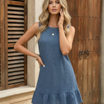 Dusty Blue Sleeveless Round Neck Ruffle Hem Mini Dress