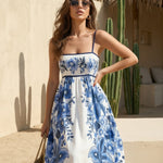 Blue Floral Print Spaghetti Strap A-Line Maxi Dress