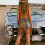 Brown Faux Suede Fringe Trim Sleeveless Western Cowboy Vest