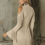 Brown High-neck Off-shoulder Tassel Faux Suede Long-sleeved Mini Dress