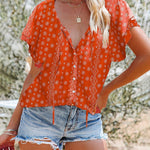 Zeagoo Women's Boho Floral Print V Neck Short Sleeve Drawstring Tops Loose Blouses Button Down Shirts