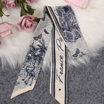 Navy Blue Toile De Jouy Paris France Print Skinny Vintage Scarf