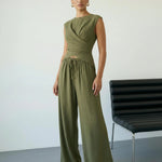 Army Green Sleeveless Wrap Top Wide Leg Pants Set