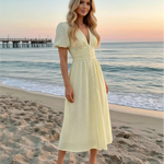 Yellow Gingham Print Puff Sleeve V-Neck Midi Dress
