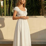 White Square Neck Puff Sleeve Smocked Waist Midi Dress