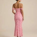 Floral Print Off-Shoulder Ruched Mesh Mermaid Maxi Dress