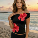 Black Hibiscus Print Off-Shoulder Short Sleeve T-Shirt
