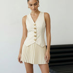 White V Neck Sleeveless Vest And Pleated Skirt Set