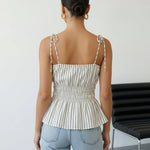 Striped Tie Shoulder Smocked Waist Peplum Cami Top