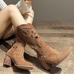 Suede chunky heel embroidered openwork Western boots