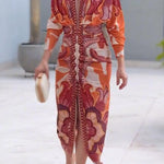 Unique Print Dolman Long Sleeve Ruched Slit Midi Dress