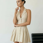 Beige Halter Neck Linen Blend Pleated Mini Dress