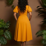 Yellow Puff Sleeve Round Neck Belted A-Line Midi Dress