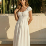 White Square Neck Puff Sleeve Smocked Waist Midi Dress