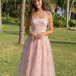 Pink Floral Embroidered Tulle Midi Dress