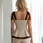 Beige Brown Contrast Bow Strap Irregular Peplum Top