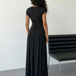 Black Ruched Waist Cap Sleeve High Split Maxi Dress