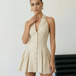 Beige Halter Neck Linen Blend Pleated Mini Dress
