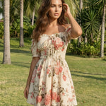 Floral Print Off Shoulder Short Sleeve Mini Dress