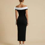 Black Colorblock Off-Shoulder Bow Tie Bodycon Midi Dress