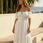 White Off-Shoulder Tiered Maxi Dress