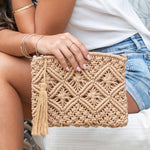 Diamond Pattern Macrame Tassel Clutch
