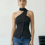 Black Asymmetrical One Shoulder Neck Tie Blouse