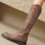 Brown embroidered back zipper long boots