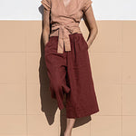 Zeagoo V-neck Slanted Breast Cotton and Linen Tie Waist Short Top
