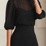 Black Chiffon Top And Pleated Midi Skirt Three Piece Set