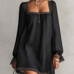 Black Rhinestone Trim Square Neck Lace Cuff Mini Dress