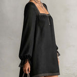 Black Rhinestone Trim Square Neck Lace Cuff Mini Dress