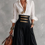 White Collar Shirt & High Waist Gold Button Skirt Two‑Piece Outfit