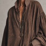 Vintage Brown Faux Suede Striped Shirt Collar Oversized Mini Dress