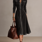 Vintage Black Stand Collar Leather Patchwork Zip-Up Midi Dress