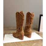 Suede chunky heel embroidered openwork Western boots