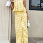 French Style Plaid Ruffled Hem Top and Pants Set