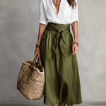 Black Shirt And Olive Green Midi Skirt Two-piece Suit
