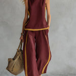 Round Neck Sleeveless Casual Loose Top And High-waisted Wide-leg Pants Set