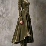 Vintage Olive Green Zip-Front Velvet Maxi Dress (Belt Included)