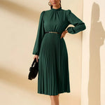 Green Pleated Lantern Sleeve Midi Dress