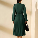 Green Pleated Lantern Sleeve Midi Dress