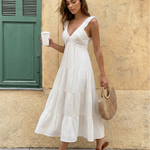 White Ruffle Cap Sleeve V-Neck Tiered Midi Dress