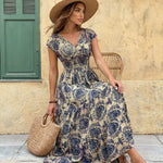 Beige Navy Floral V-Neck Cap Sleeve Smocked Tiered Maxi Dress