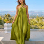 Green Ring Detail Halter Neck Sleeveless Maxi Dress