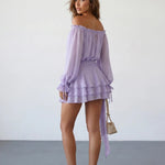 Beige Off-Shoulder Balloon Sleeve Ruffled with Floral Sash Mini Dress