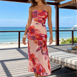 Pink Base Red Orange Floral Strapless Midi Dress