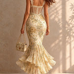 Romantic Floral Midi Mermaid Dress with Lace Trim