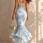 Blue Romantic Floral Midi Mermaid Dress with Lace Trim
