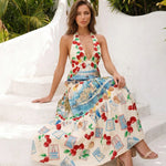 Cream Cherry Coastal Print Halter Tiered Maxi Dress